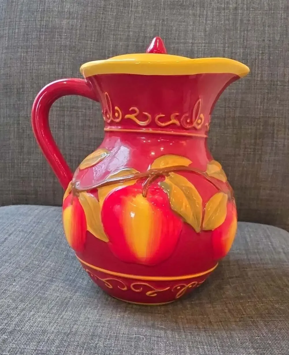 Nonni's Biscotti Hand Painted Embossed Apple Ceramic Pitcher with Lid
